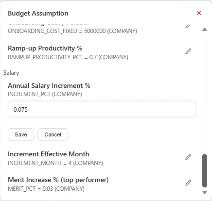 Planning Assumptions screen