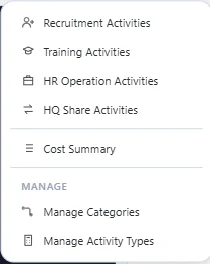 Activity Cost Planning screen
